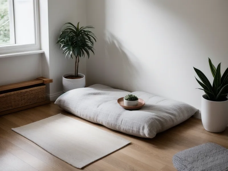 Meditationskissen und Notizbuch mit Skizzen in einer Düsseldorfer Wohnung, vorbereitet für die Drachenenergie-Übung.