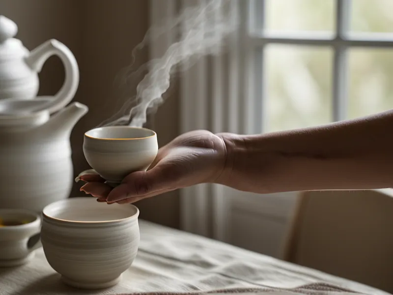 Nahaufnahme einer Hand mit einer Teetasse auf einem Meditationskissen.