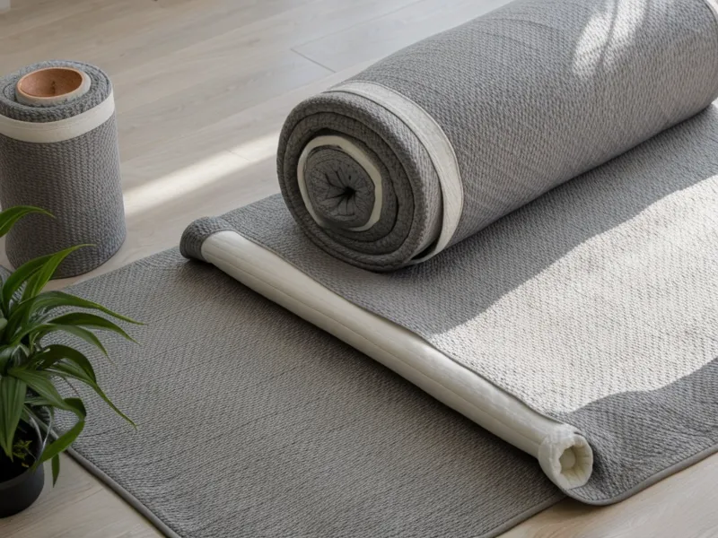 Zusammengerollte Meditationsmatte in hellem Altbauraum – tägliches Ritual zur Burnout-Erholung