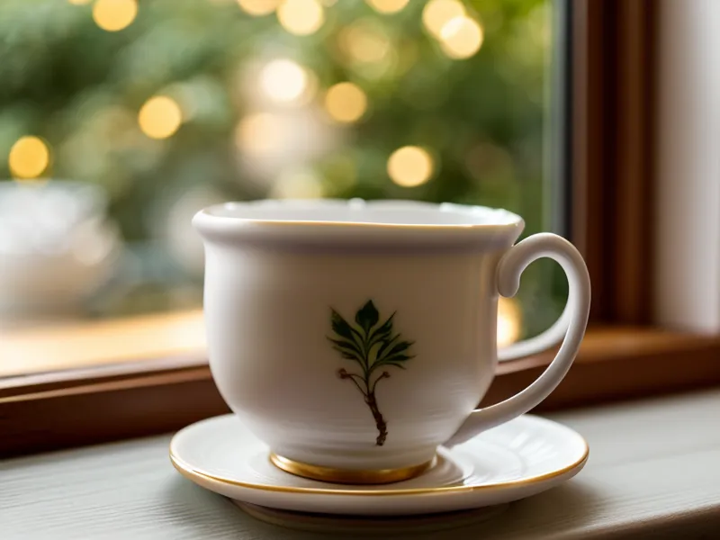 Eine Teetasse auf einem Fenstersims mit Blick auf die abendliche Düsseldorfer Carlstadt.