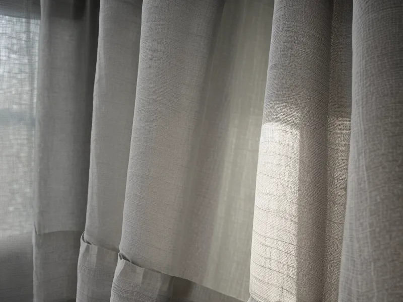 Detailaufnahme eines Leinenvorhangs im sanften Sonnenlicht für eine ruhige Atmosphäre.