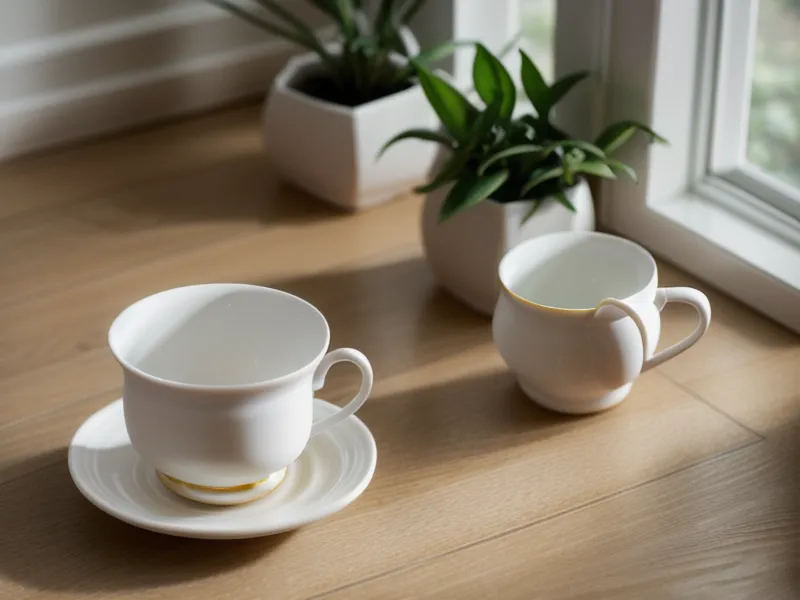Eine weiße Teetasse und eine kleine Pflanze auf glänzendem Eichenparkett in sanftem Morgenlicht – ruhiger Moment in der täglichen Meditationspraxis nach dem Burnout.