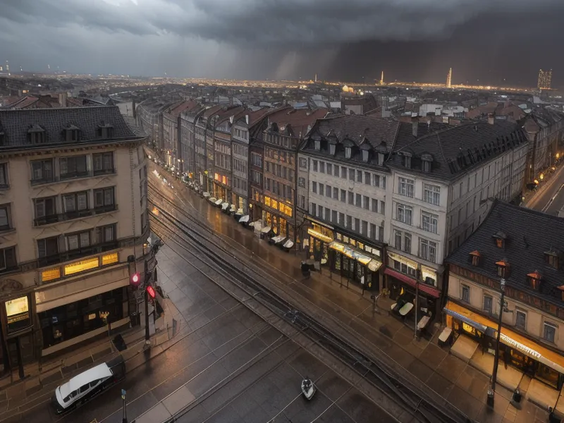 Regennasse Abendstraße in Düsseldorf Carlstadt, Blick aus dem Fenster nach einem unruhigen Arbeitstag