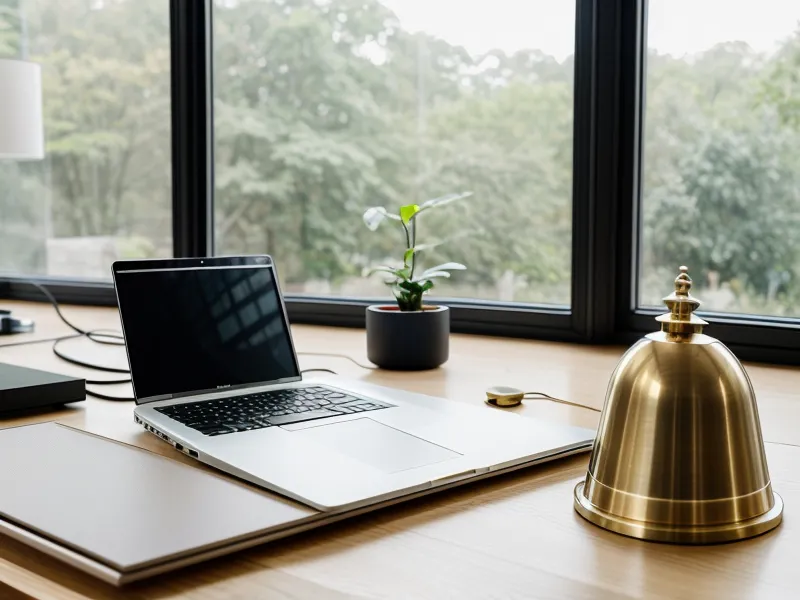 Ein UX-Designer-Arbeitsplatz mit Laptop und einer kleinen Meditationsglocke im weichen Licht.