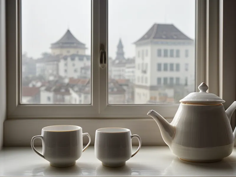 Teetasse auf dem Fensterbrett mit Blick über die Düsseldorfer Carlstadt, ruhiger Moment nach dem Burnout
