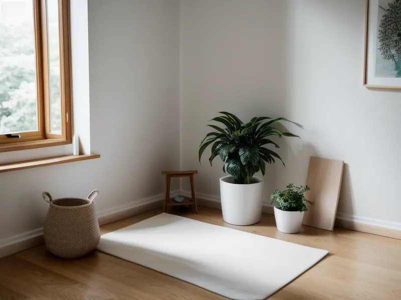 Eingerollte Meditationsmatte neben einer Zimmerpflanze — Alltagsbild einer täglichen Meditationspraxis nach dem Burnout.