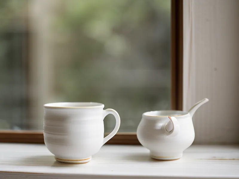 Teetasse auf dem Fenstersims mit Blick auf eine Straße in der Düsseldorfer Carlstadt – kurze Pause in der täglichen Meditationspraxis nach dem Burnout.