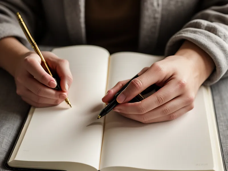 Hand einer Frau, die in ein Notizbuch schreibt, Fokus auf Papier und Stift