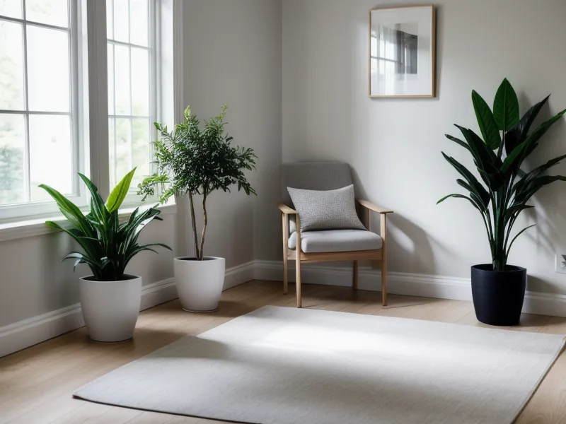 Minimalistische Meditationsecke mit Leinenkissen auf Parkettboden in einer Altbauwohnung – Ankerpunkt für Achtsamkeit im Job und Fokus am Morgen.